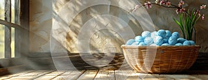 3d basket filled with blue eggs on wooden floor, in the style of shaped canvas. Generative AI