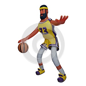 3D Basketball Athlete Cartoon Illustration dribble a ball seriously