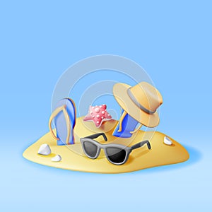 3d beach flip flops, hat, sunglasses in sand