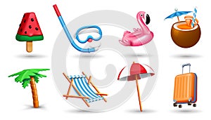 3D beach icons. Summer sun travel. Sea holiday. Inflatable flamingo toy or ball. Sweet food. Watermelon ice cream