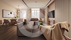 3D. Beautiful bright living room interior in soothing warm colours and beige tones