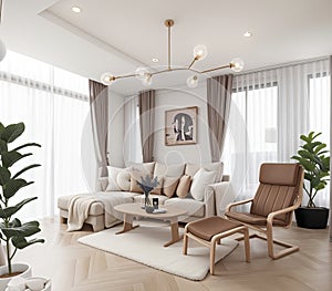 3D. Beautiful design of the relaxation corner in the house is beautiful, using soft tones