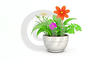 3d beautiful flower, nature flowers and plant pot illustration isolated on white background, copy space