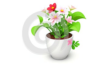 3d beautiful flower, nature flowers and plant pot illustration isolated on white background, copy space