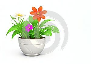 3d beautiful flower, nature flowers and plant pot illustration isolated on white background, copy space