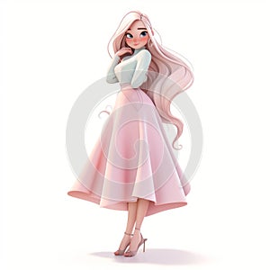 3D beautiful girl long hair long in pink skirt on white background generative AI