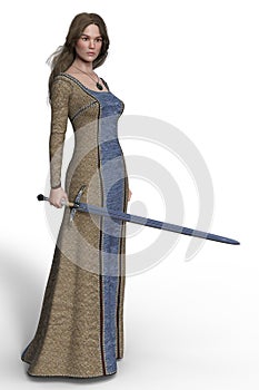 3D beautiful medieval woman holding a sword. Particularly suited to book cover art and design in the historical and highlander