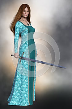 3D beautiful medieval woman holding a sword. Particularly suited to book cover art and design in the historical and highlander