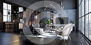 3d beautiful modern interior render, open space and natural light