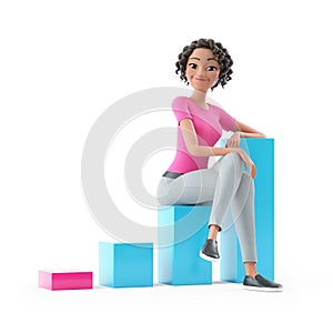 3d beautiful woman sitting on bar graph
