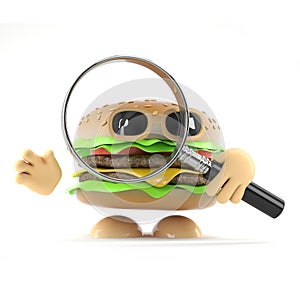 3d Beefburger looks through a magnifying glass
