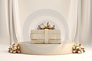 3D Beige Podium with Gift, Open Box, and Gold Ribbon. Luxury Product Display