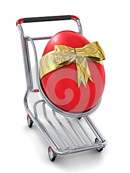 3d big red Easter egg gift in shopping cart icon