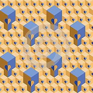 3D big and small Cubes with hearts seamless vector pattern. Blue, orange and gold urban geometric texture with tiled boxes.