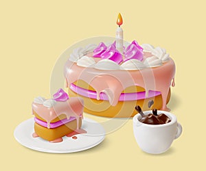 3d Birthday Cake with Candle and Cup Coffee Splash Cartoon Style. Vector