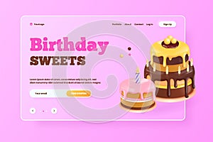 3d birthday cake. Render floating cute cakes greetings banner, chocolate pink cupcake with candle, happy anniversary