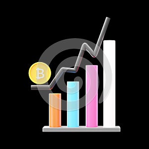 3D Bitcoin Growing Bar Graph Colorful Illustration Over Black