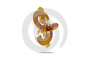 3d bitcoin and us dollar logo. falling money pieces bomb collide crash gold coin dollar symbol shatter white background.