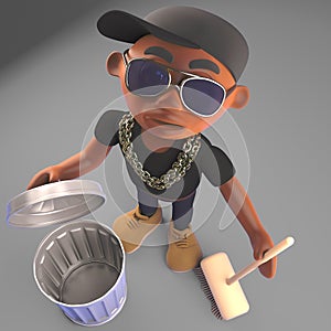 3d Black hip hop rapper in baseball cap cleaning with a trash can and broom