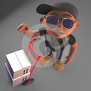 3d Black hip hop rapper in baseball cap delivers boxes and packages with hand cart