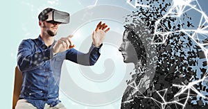 3D black male AI and man sitting in VR with flare on finger against blue background with white netwo