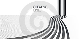 3D black and white lines in perspective abstract vector background, linear perspective illustration op art.