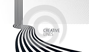 3D black and white lines in perspective abstract vector background, linear perspective illustration op art.