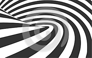 3D black white lines, perspective swirl, digital abstract twirl. Twist spiral vector background. Perspective lines loop