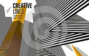 3D black and white lines in perspective with yellow elements abstract vector background.