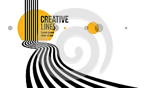 3D black and white lines in perspective with yellow elements abstract vector background, linear perspective illustration op art,