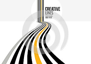 3D black and white lines in perspective with yellow elements abstract vector background, linear perspective illustration op art,