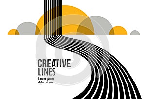 3D black and white lines in perspective with yellow elements abstract vector background, linear perspective illustration op art,