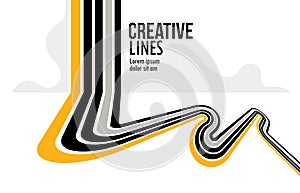 3D black and white lines in perspective with yellow elements abstract vector background, linear perspective illustration op art,