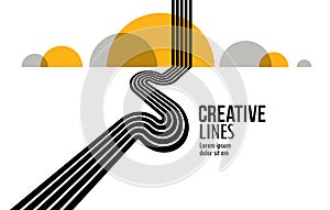 3D black and white lines in perspective with yellow elements abstract vector background, linear perspective illustration op art,