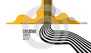 3D black and white lines in perspective with yellow elements abstract vector background, linear perspective illustration op art,