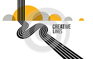 3D black and white lines in perspective with yellow elements abstract vector background, linear perspective illustration op art,