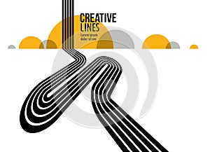 3D black and white lines in perspective with yellow elements abstract vector background, linear perspective illustration op art,