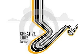 3D black and white lines in perspective with yellow elements abstract vector background, linear perspective illustration op art,