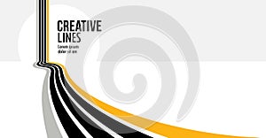 3D black and white lines in perspective with yellow elements abstract vector background, linear perspective illustration op art,