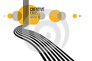 3D black and white lines in perspective with yellow elements abstract vector background, linear perspective illustration op art,