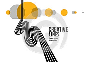 3D black and white lines in perspective with yellow elements abstract vector background, linear perspective illustration op art,