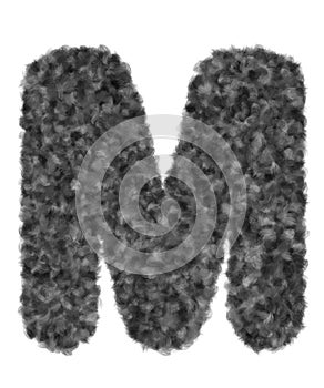 3D â€œBlack wool wolf fur letter Mâ€ creative decorative with brush animal hair, Character M isolated in white background.