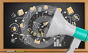 3d Blackboard with business sketch and megaphone.