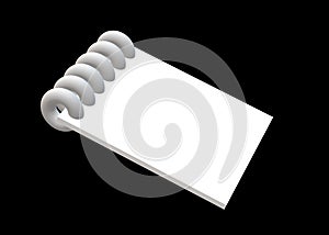 A 3D blank white paper notepad held together by rings side tilted view black backdrop