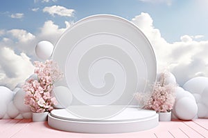 3D Blank White Podium Decoration with Floral, Clouds, and Fog Sky Background