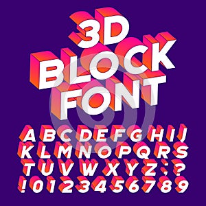 3D block alphabet font. Three-dimensional effect letters, numbers and symbols.