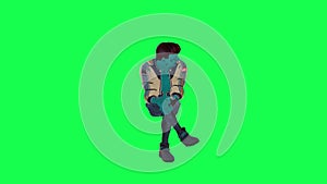 3D blue animated giant sitting talking from opposite angle on green screen 3D people walking background chroma key Visual effect a