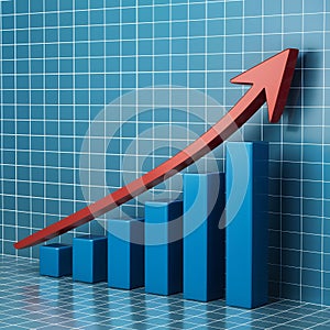 3D blue bar chart with red arrow symbolizes growth and professionalism on grid background