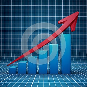 3D blue bar chart with red arrow symbolizes growth and professionalism on grid background