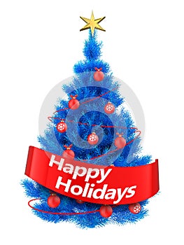 3d blue Christmas tree with happy holidays sign